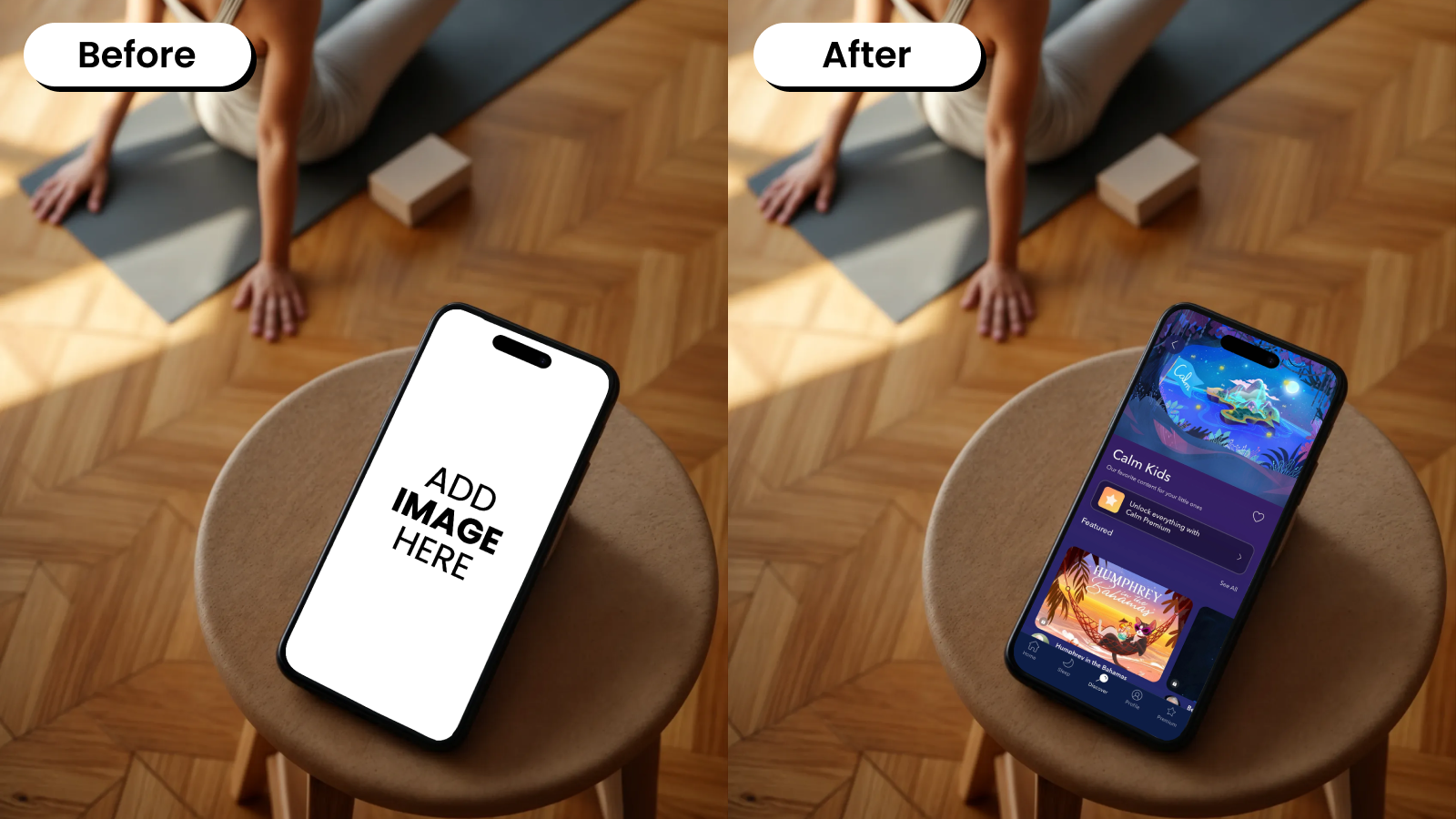 Before and after mockup of a phone on a stool in an indoor fitness setting